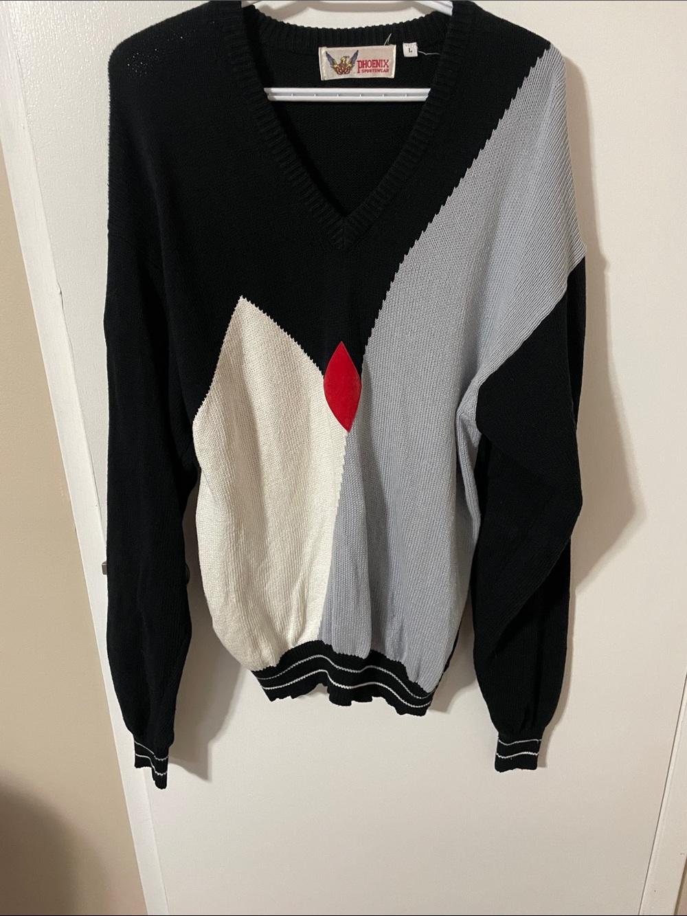 Vintage Phoenix Cotton Contrast Sweater in Black, Gray, Cream & Red Size Large